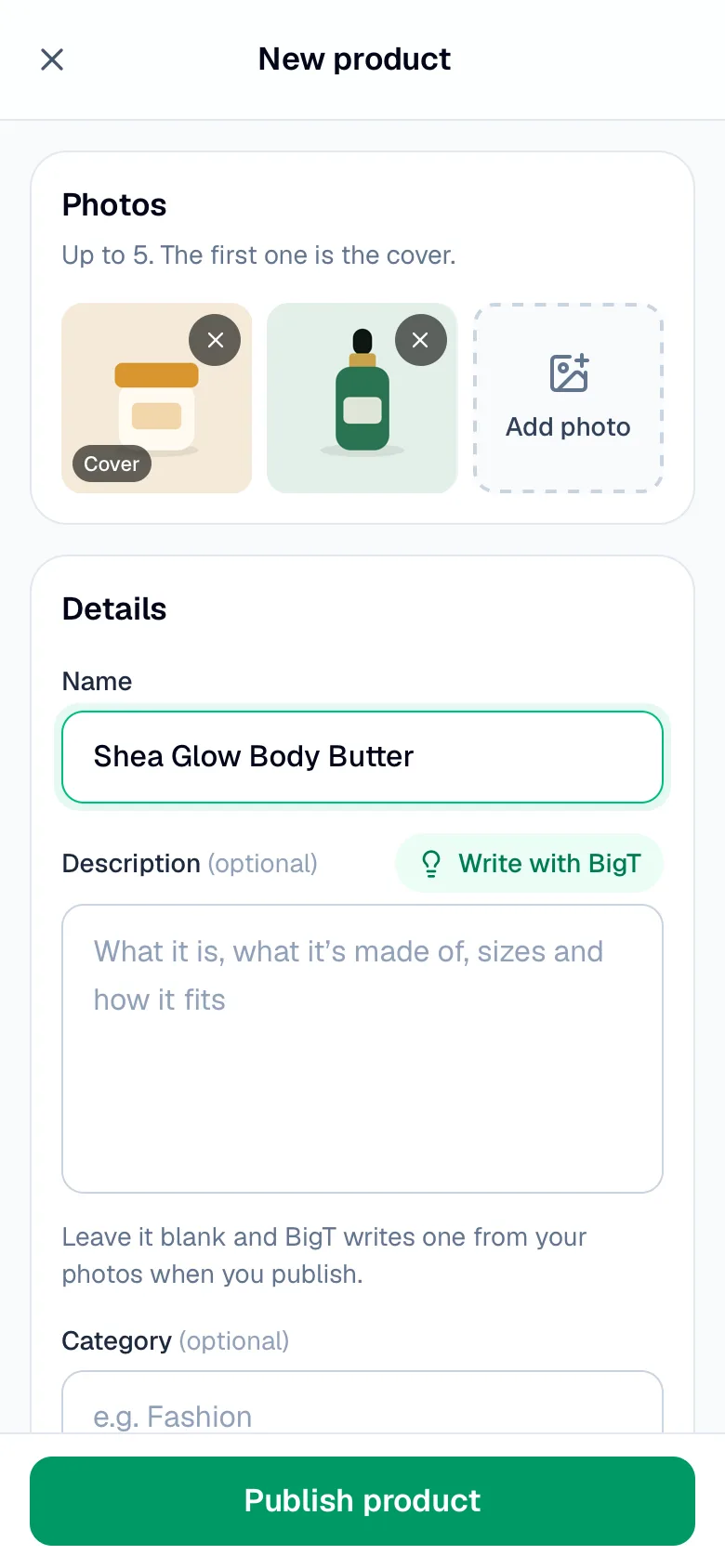 Adding a new product with two photos and a name